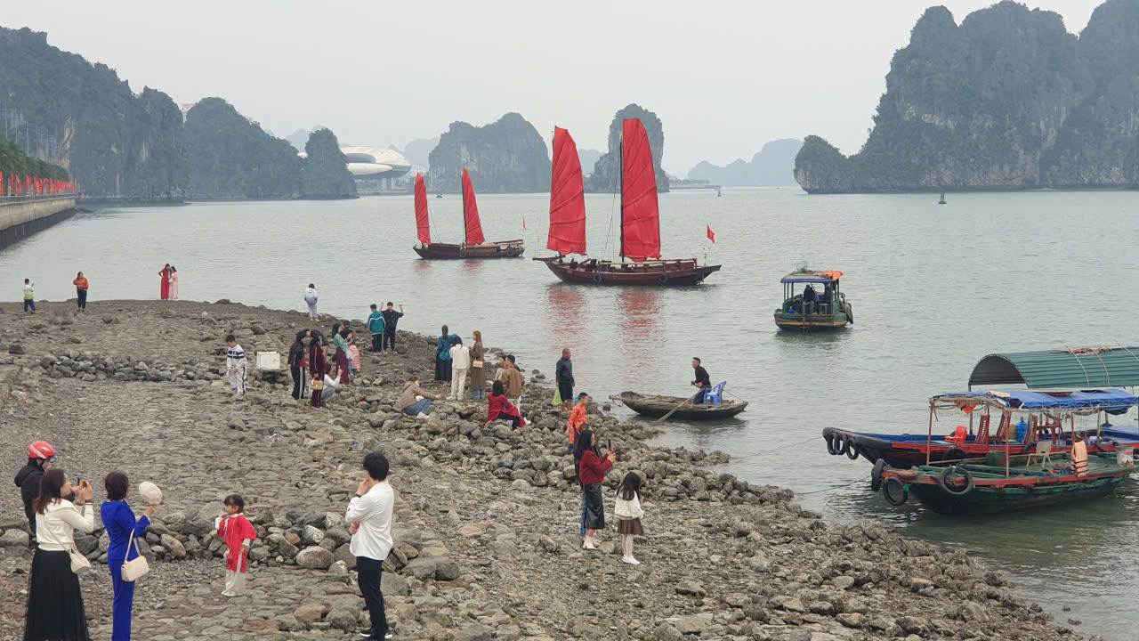 Người dân, du khách chụp ảnh cùng thuyền buồm. Ảnh: Nguyễn Hùng