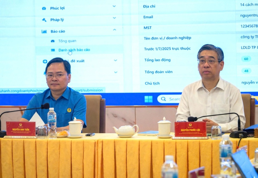Chairman of the Vietnam General Confederation of Labor Nguyen Anh Tuan (left) and Deputy Secretary of the Ho Chi Minh City Party Committee Nguyen Phuoc Loc (right) chair the working session. Photo: Anh Tu