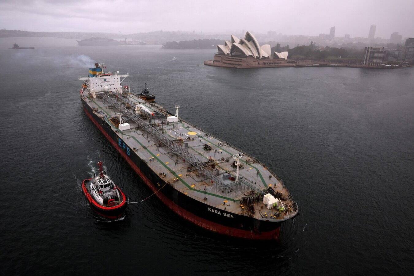 Tug escorting the crude oil tanker Kara Sea near Australia in April 2024. Photo: AFP