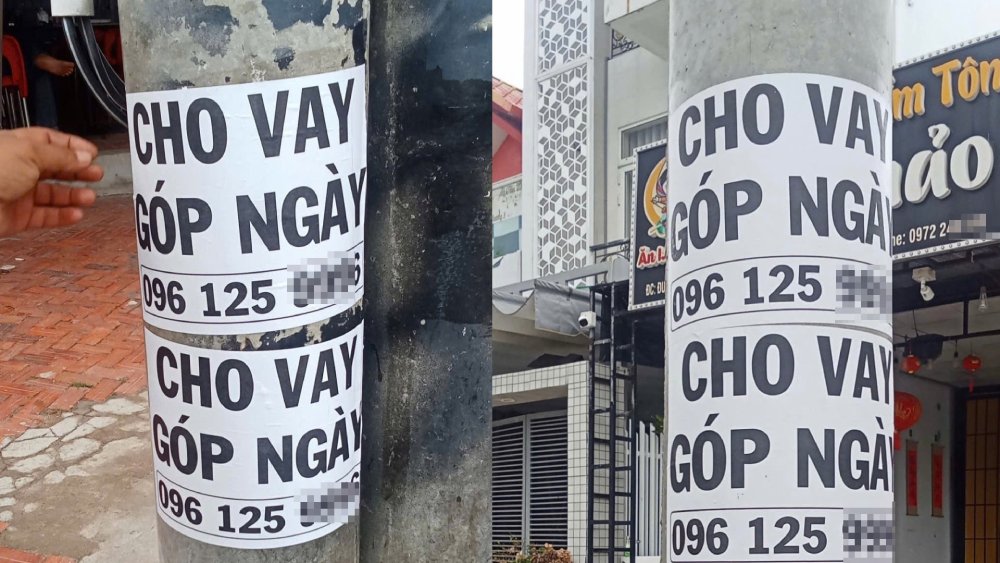 Công an xử phạt vi phạm hành chính đối với N vì có hành vi “treo, đặt, dán, vẽ các sản phẩm quảng cáo trên cột điện, trụ điện, cột tín hiệu giao thông và cây xanh nơi công cộng”. Ảnh: Công an cung cấp


