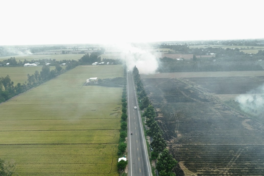 Người dân đốt đồng cạnh quốc lộ 61C. Ảnh: Tạ Quang