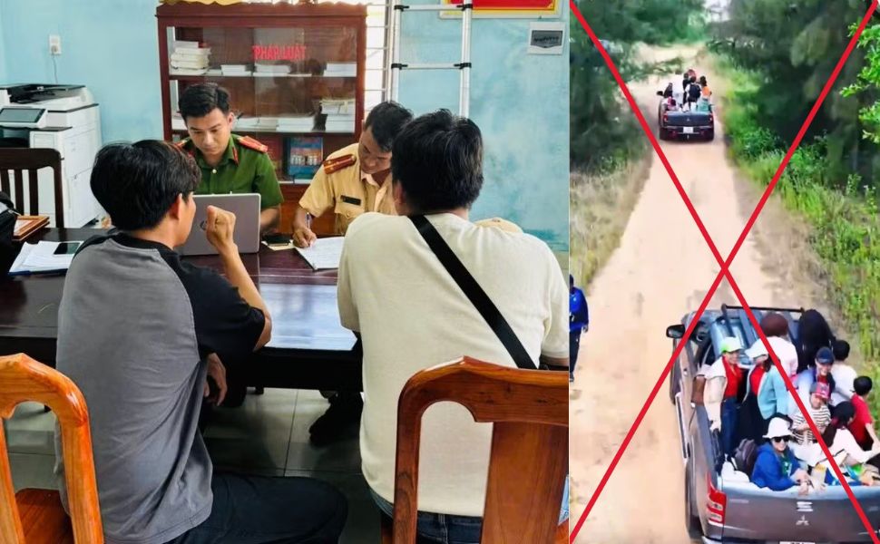 2 tài xế ở Gia Lai bị xử phạt vì chở nhiều người ngồi trên thùng xe bán tải. Ảnh: Công an