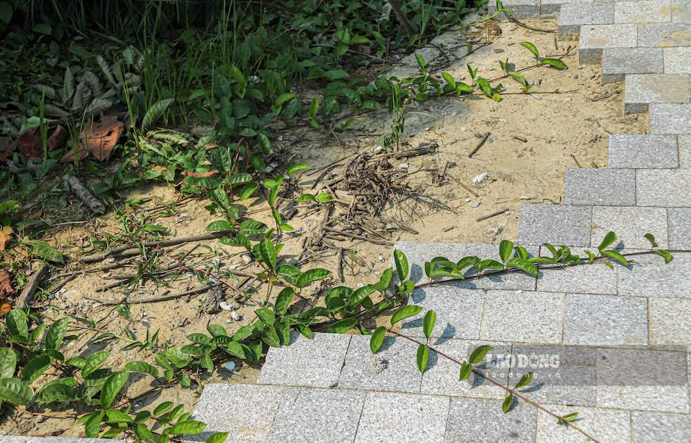 Phần đá nền đang được lát dang dở.