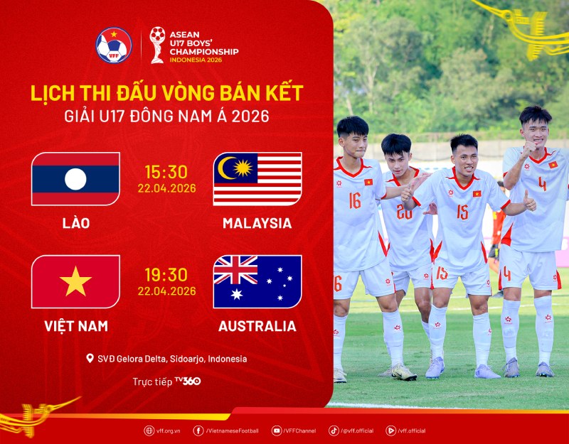 Lịch thi đấu bán kết U17 Đông Nam Á 2026. Ảnh: VFF
