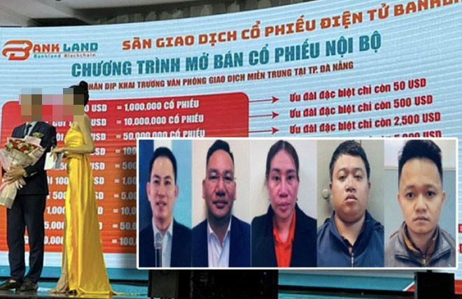 Các bị can trong vụ án lừa đảo xảy ra tại Công ty Bankland. Ảnh: Công an TP Hà Nội