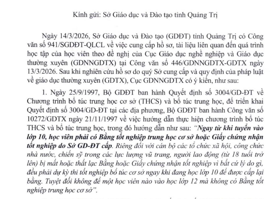 Vụ học THPT khi chưa tốt nghiệp THCS, công văn của Cục GDNN-GDTX cho biết, phải có bằng THCS khi vào lớp 10. Ảnh: Tân Hướng