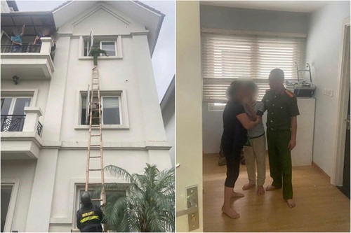 La policía del barrio de Phuc Loi, ciudad de Hanoi, rescata a un niño que se encerró en casa y salió al balcón del tercer piso. Foto: CAHN