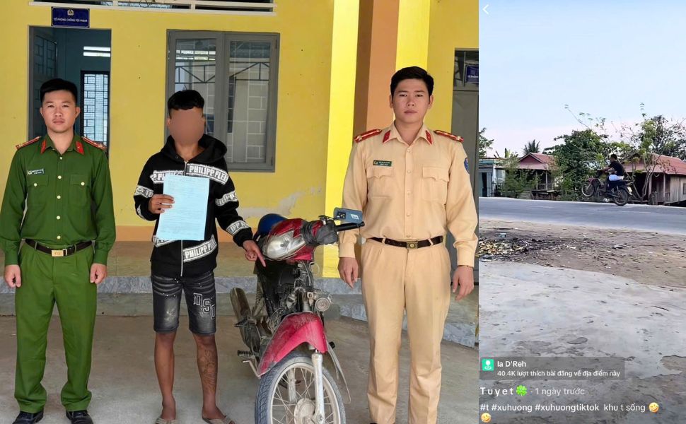 Thiếu niên bốc đầu xe máy trên đường bị công an mời làm việc, lập biên bản xử lý. Ảnh Công an