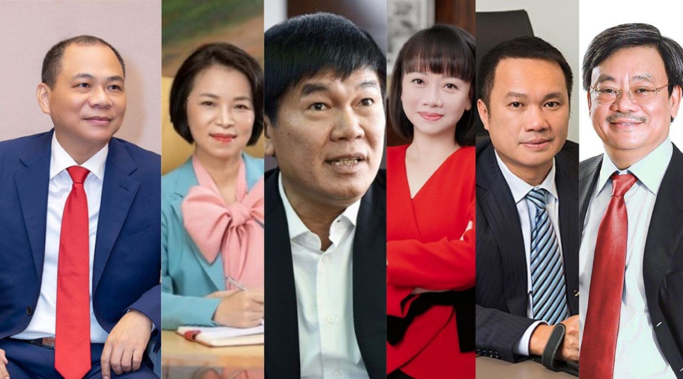 베트남 억만장자 초상화 (왼쪽부터): 팜브엉 씨, 팜투흐엉 씨, 쩐딘롱 씨, 팜투이항 씨, 호훙안 씨, 응우옌당꽝 씨. 그래픽: 민휘