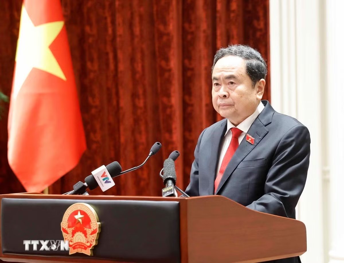 Chủ tịch Quốc hội Trần Thanh Mẫn phát biểu tại cuộc gặp mặt. Ảnh: TTXVN