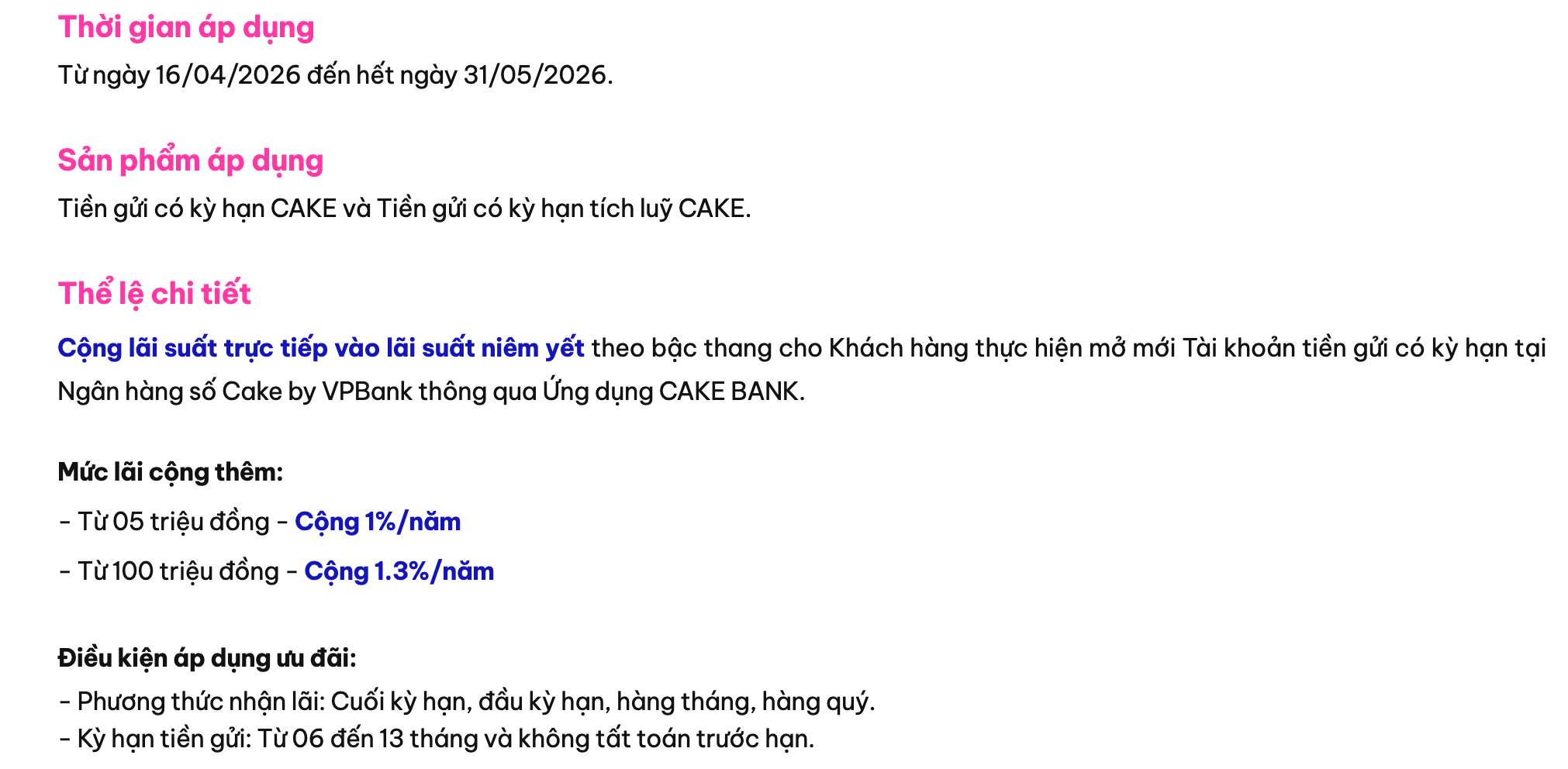 Biểu lãi suất tiết kiệm Cake by VPBank. Ảnh: Cake by VPBank  