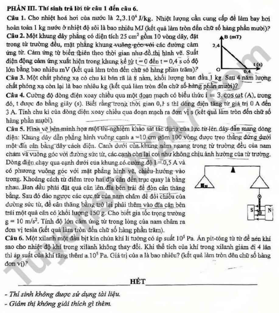 Đề thi thử môn Vật lí tốt nghiệp THPT 2026 - Sở GDĐT Cao Bằng. Ảnh: Tuyensinh247  