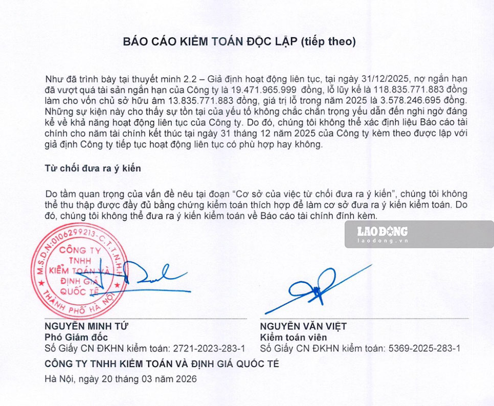 Lần thứ 2 kiểm toán độc lập từ chối đưa ra ý kiến do nghi ngờ về khả năng hoạt động của công ty. Ảnh: Bảo Nguyên