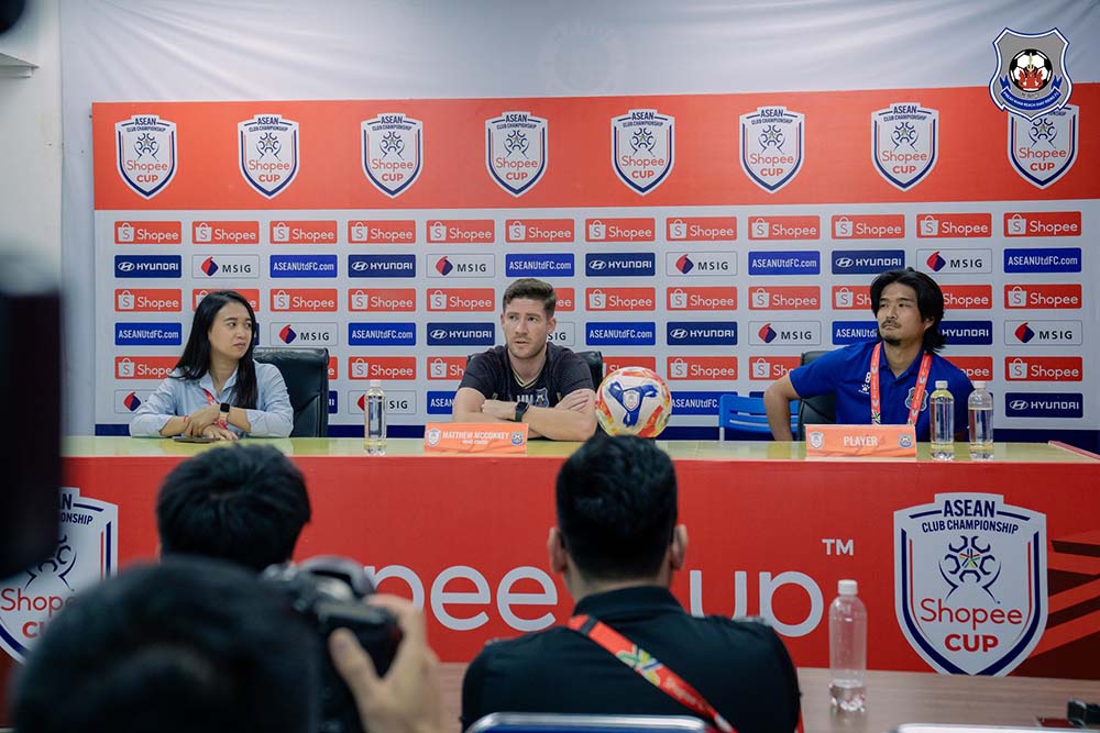 Members of the Svay Rieng (Cambodia) team attend a press conference at Hang Day Stadium. Photo: Svay Rieng FC