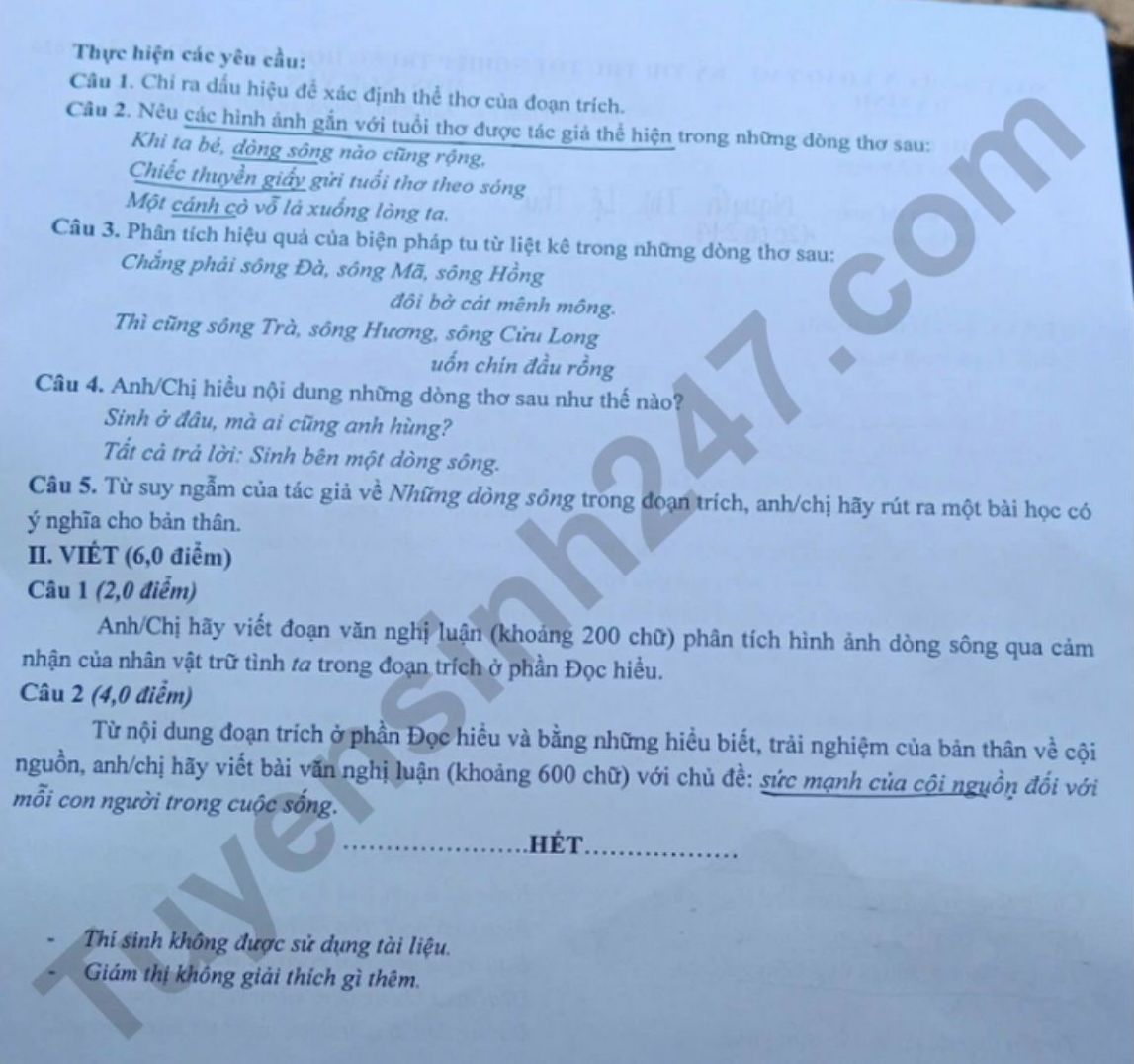 Đề thi thử tốt nghiệp THPT 2026 môn Văn - Sở GDĐT Hà Tĩnh. Ảnh: Tuyensinh247  