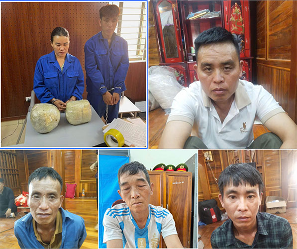 6 đối tượng liên quan đến chuyên án vận chuyển 10kg nhựa thuốc phiện. Ảnh: An ninh Điện Biên