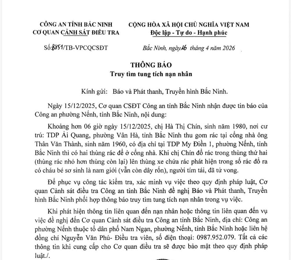 Notice of the Investigation Police Agency of Bac Ninh Provincial Police.
