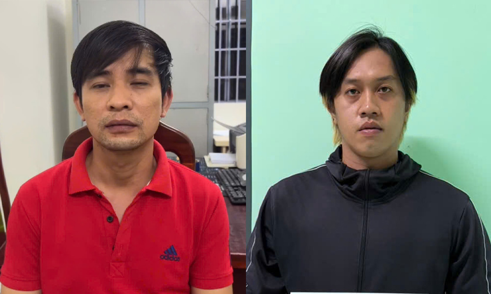 Thông (trái) và Hải tại cơ quan điều tra sau khi xảy ra vụ án mạng. Ảnh: Công an Tây Ninh