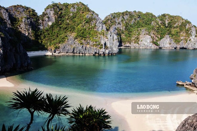 Bãi cát tự nhiên Cát Oăn (Quảng Ninh) dài hơn 200m, được bao bọc bởi các đảo đá vôi phủ thảm thực vật xanh mát, phù hợp cho các hoạt động tắm biển và khám phá sinh thái. Ảnh: Ban Quản lý vịnh Hạ Long