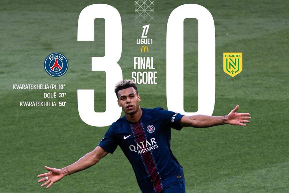 El doblete de Khvicha Kvaratskhelia ayudó al Paris Saint-Germain a superar al Nantes. Foto de : PSG