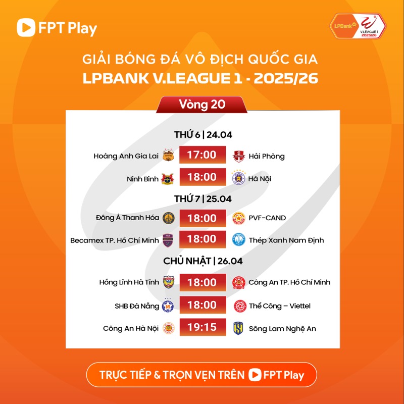 Lịch thi đấu vòng 20 V.League 2025-2026. Ảnh: FPT Play