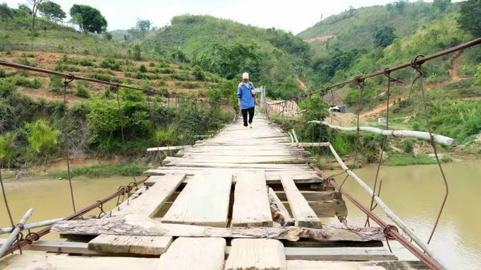 The suspension bridge across the Po Ko River, serving the travel of dozens of households in Dak Poi village, Dak Pek commune (Quang Ngai), has damaged the bridge deck, causing unsafety. Photo: Du Toan/VNA