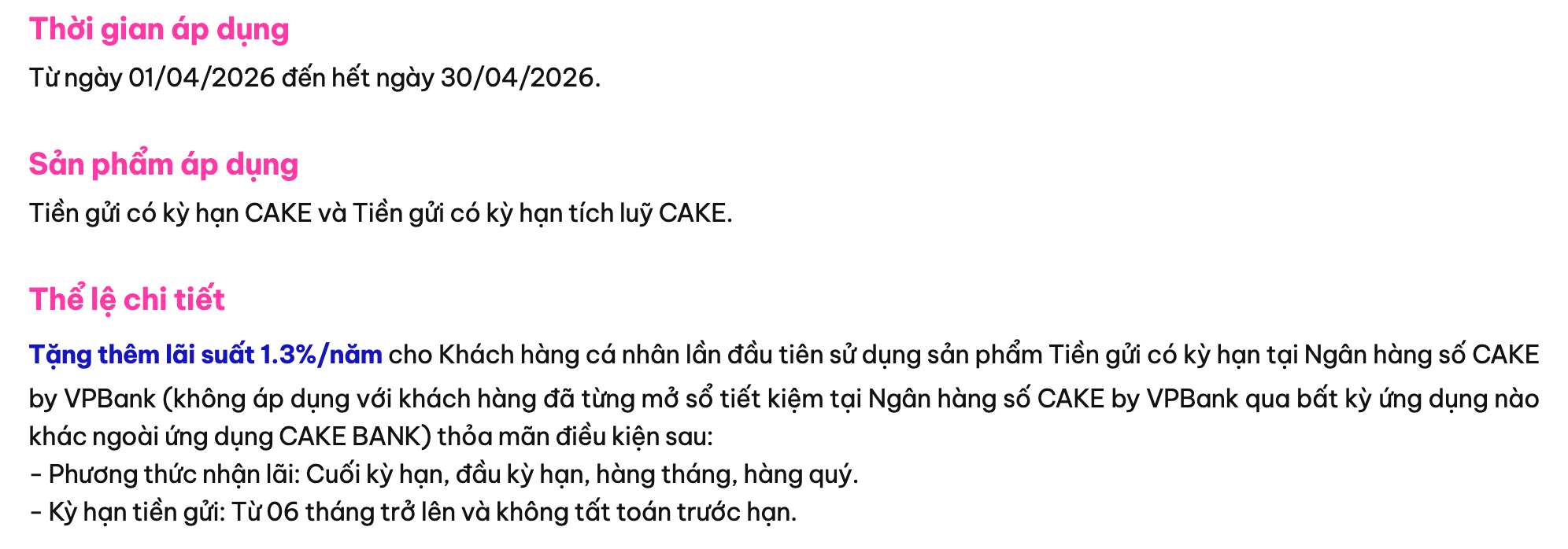 Biểu lãi suất tiết kiệm Cake by VPBank. Ảnh: Cake by VPBank  