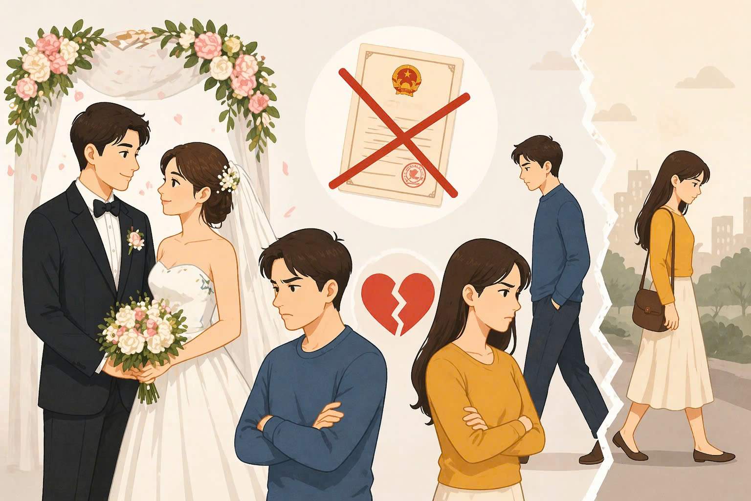 Theo luật sư, trường hợp này, quan hệ hôn nhân chưa được pháp luật công nhận nên việc chia tay không cần qua bất kỳ thủ tục pháp lý nào. Ảnh: AI/Phạm Ngọc 