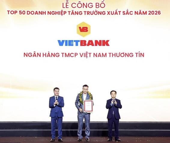 Vietbank được vinh danh trong bảng xếp hạng Top 50 doanh nghiệp tăng trưởng xuất sắc năm 2026. Ảnh: Nguồn Vietbank 