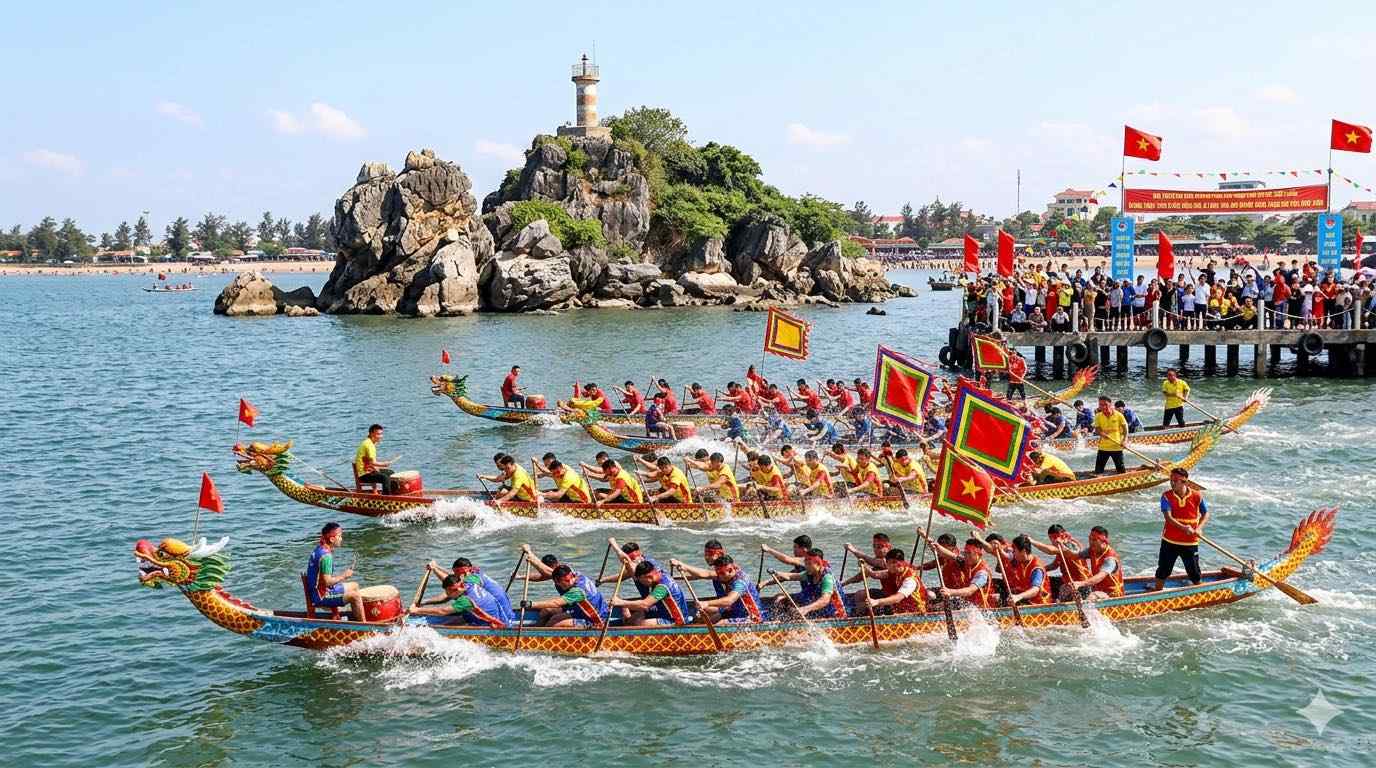 Tưng bừng hội đua thuyền trên biển Cửa Lò. Ảnh: Mai Ngân