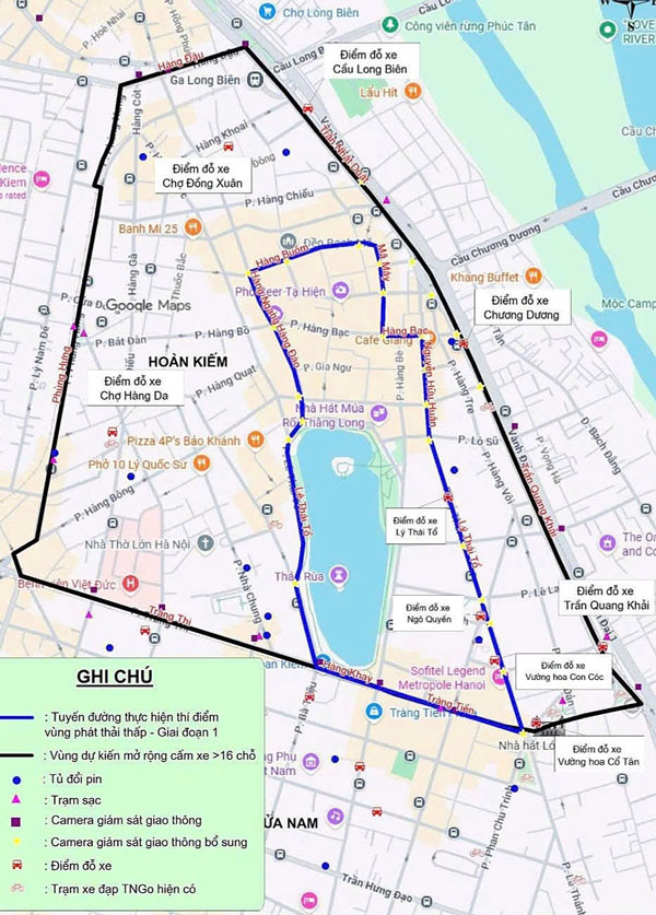 Các tuyến đường dự kiến cấm xe máy xăng (vạch màu xanh) để thí điểm vùng phát thải thấp từ 1.7. Nguồn: Dự thảo đề án