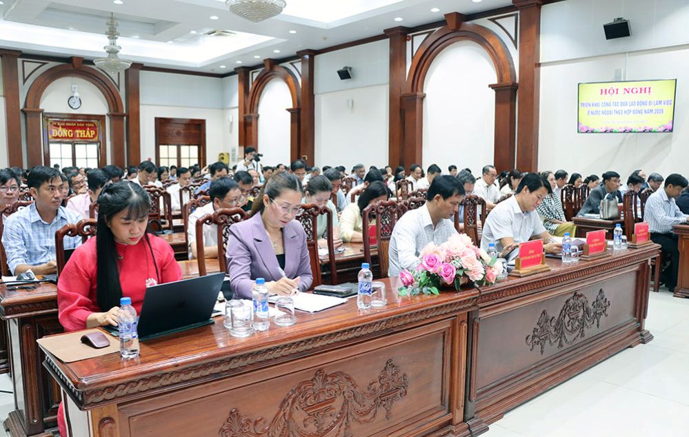 Quang cảnh Hội nghị triển khai công tác đưa người lao động đi làm việc ở nước ngoài theo hợp đồng năm 2026. Ảnh: Cổng thông tin điện tử tỉnh Đồng Tháp