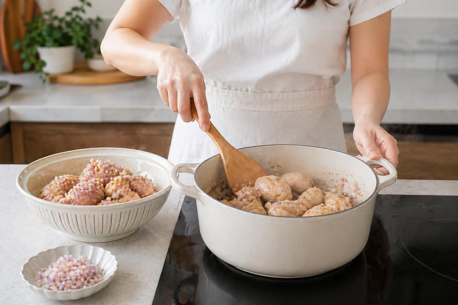 Ướp gà với gia vị, sau đó cho vào xào qua để gà thấm gia vị. Đồ họa: Thùy Linh