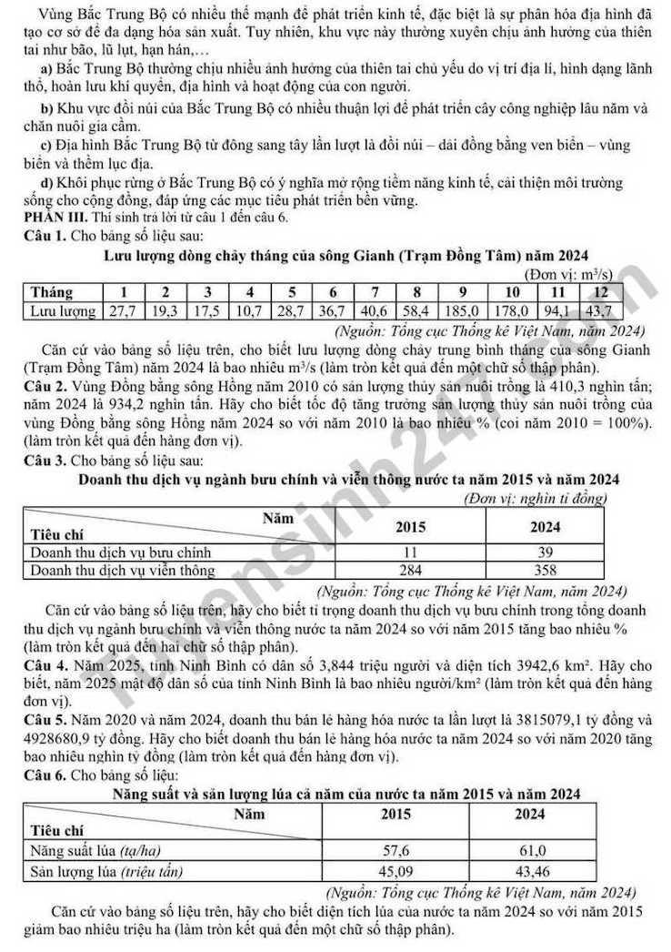Đề khảo sát, đánh giá chất lượng giáo dục lớp 12 lần thứ hai môn Địa lí năm học 2025 - 2026 (Sở GDĐT Ninh Bình). Ảnh: Tuyensinh247   