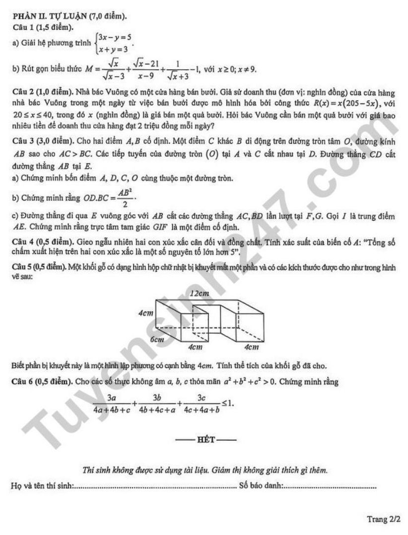 Đề thi khảo sát chất lượng học sinh lớp 9 năm học 2025 - 2026 môn Toán (Sở GDĐT Phú Thọ). Ảnh: Tuyensinh247  
