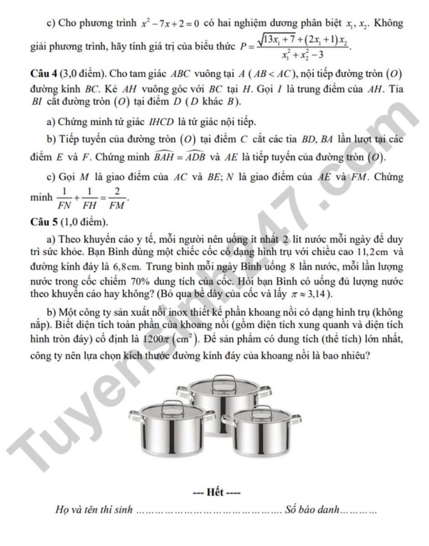 Đề thi thử môn Toán vào lớp 10 lần 2 năm 2026 - THCS Hòa Hiếu 2. Ảnh: Tuyensinh247