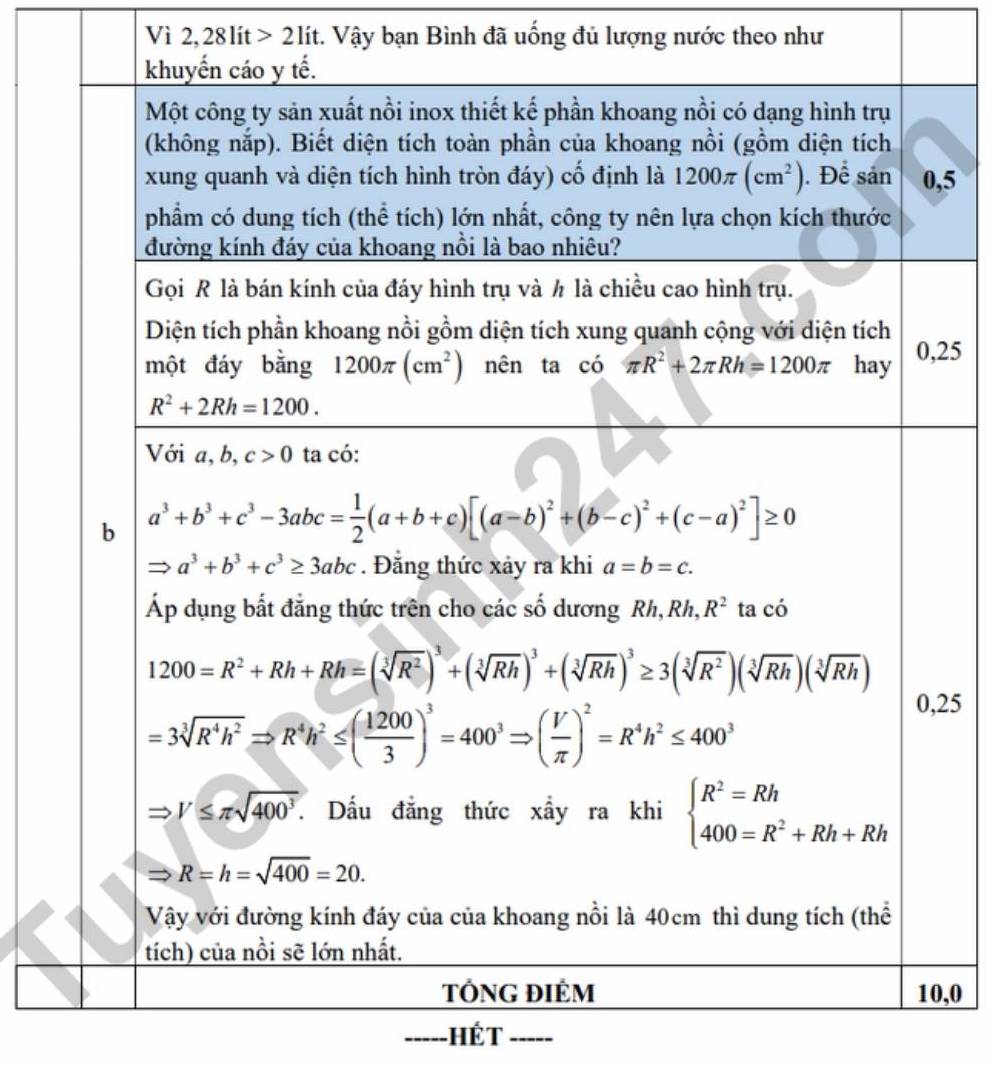 Đáp án đề thi thử môn Toán vào lớp 10 lần 2 năm 2026 - THCS Hòa Hiếu 2. Ảnh: Tuyensinh247