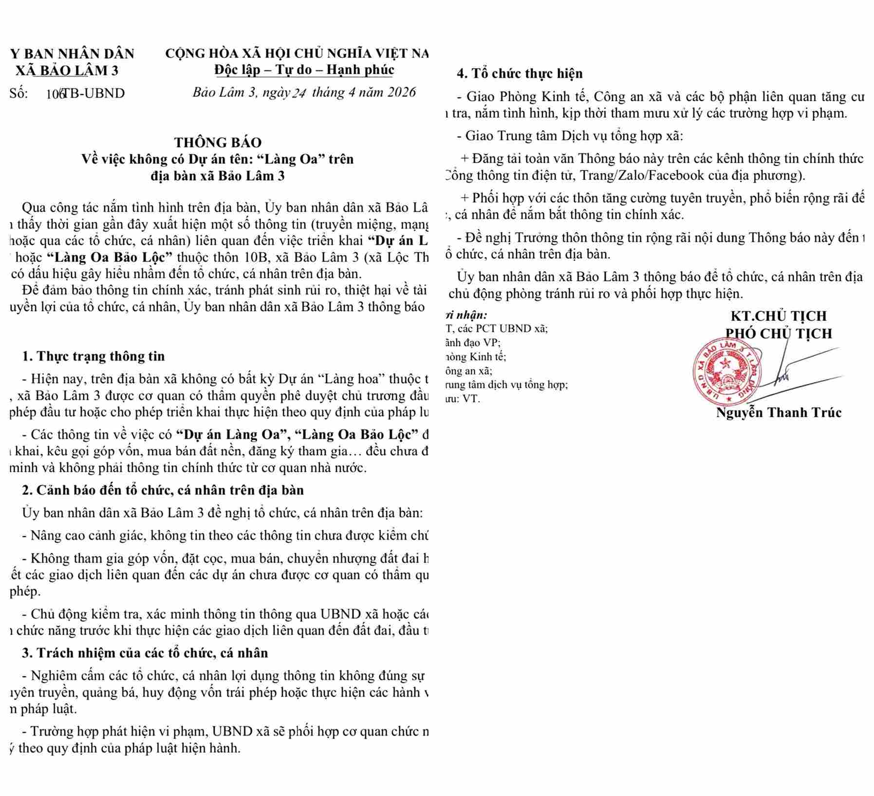 Thông báo của UBND xã Bảo Lâm 3 về thông tin sai sự thật liên quan đến dự án “Làng Oa” tự vẽ. Ảnh: Phúc Khánh 