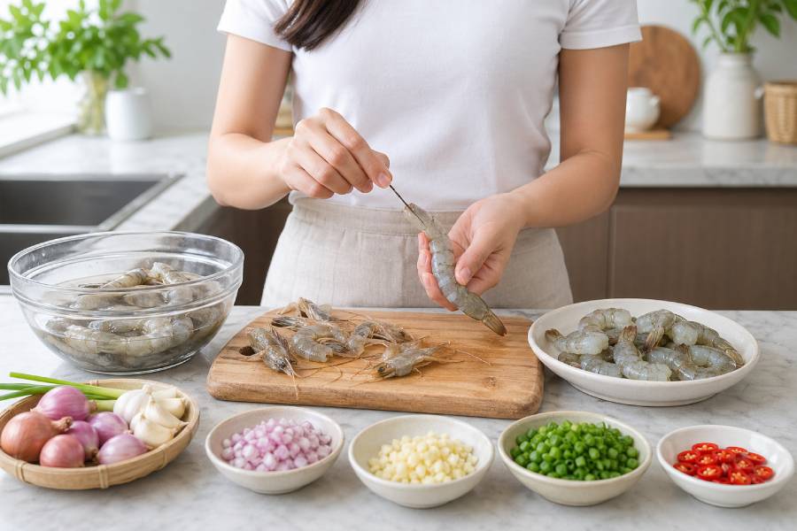 Bạn cần sơ chế kỹ tôm để món ăn sạch và ngon hơn. Ảnh: Thùy Linh 