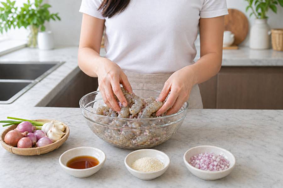 Ướp tôm trong khoảng 15 phút để thấm đều gia vị. Ảnh: Thùy Linh.