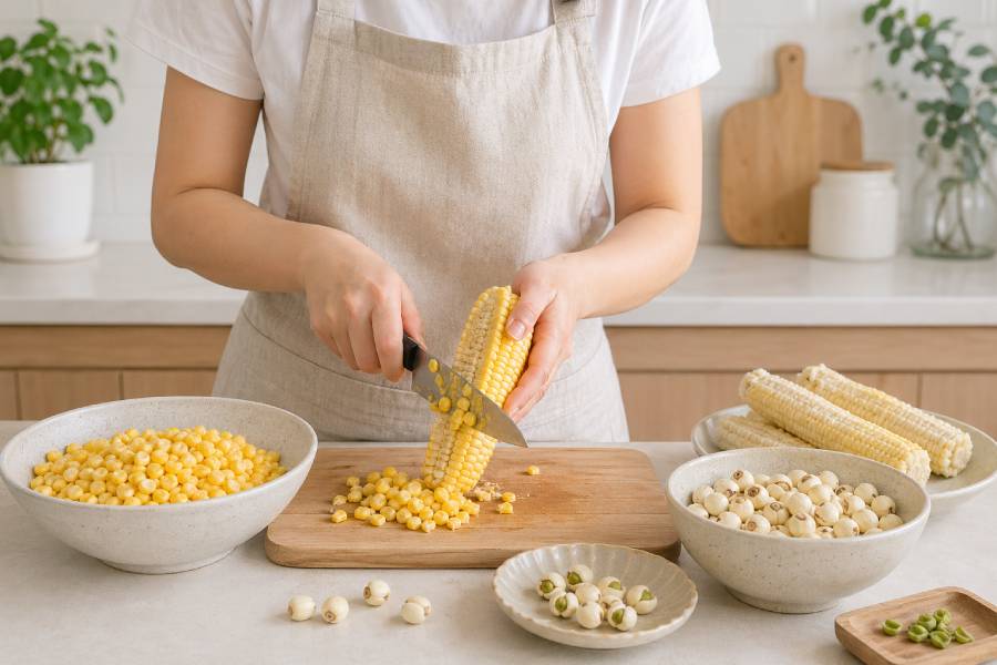 Trước tiên cần làm sạch ngô và hạt sen. Ảnh: Thùy Linh 