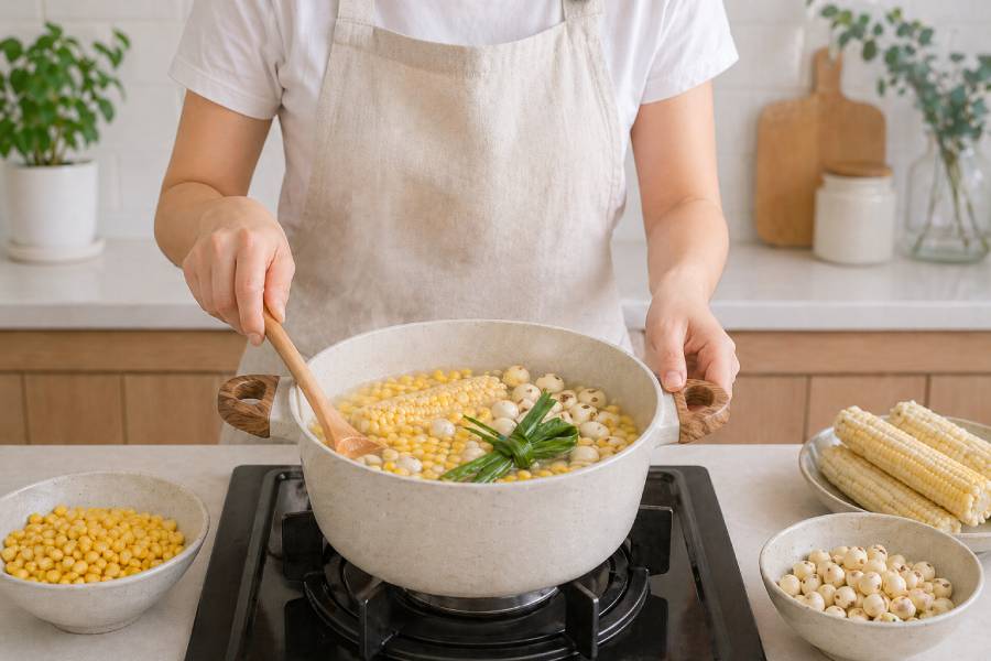 Cho hạt ngô, lõi ngô, hạt sen và lá dứa vào nồi cùng nước lọc và 