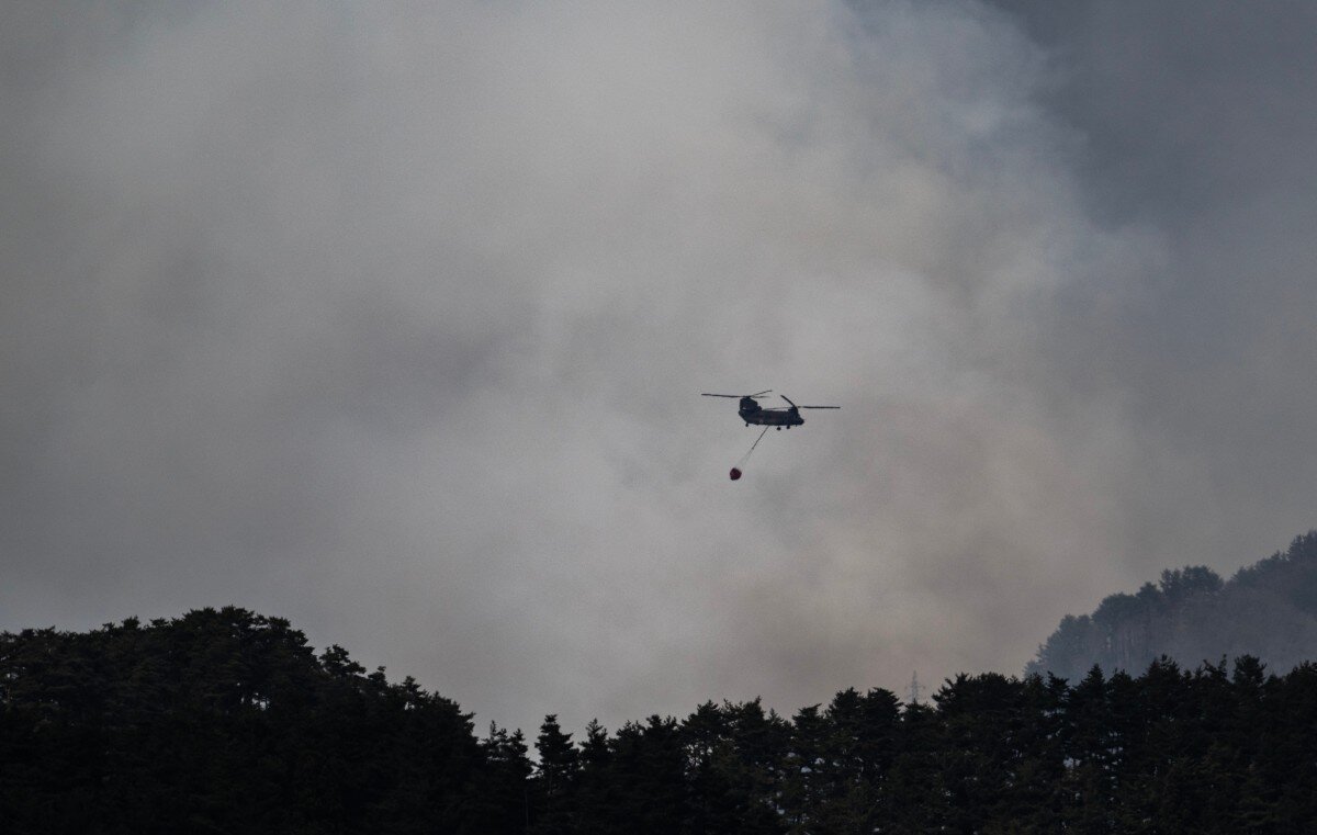 Firefighters from above in a forest fire in northern Japan. Photo: AFP