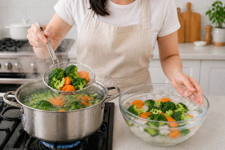 Chần rau củ để 