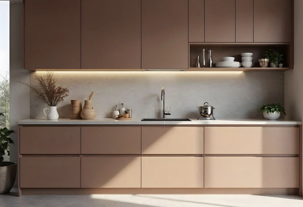 Brown kitchen cabinets bring a warm, flexible and easy-to-match feeling. Photo: Thuy Duong