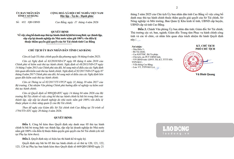 Toàn văn quyết định của UBND tỉnh Cao Bằng. Ảnh: Tân Văn