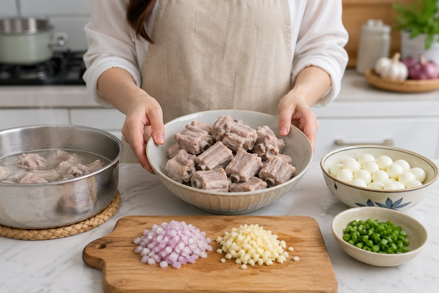 Sườn non được rửa sạch, chặt miếng vừa ăn và chần sơ để loại bỏ bọt bẩn trước khi kho. Ảnh: Thùy Linh 