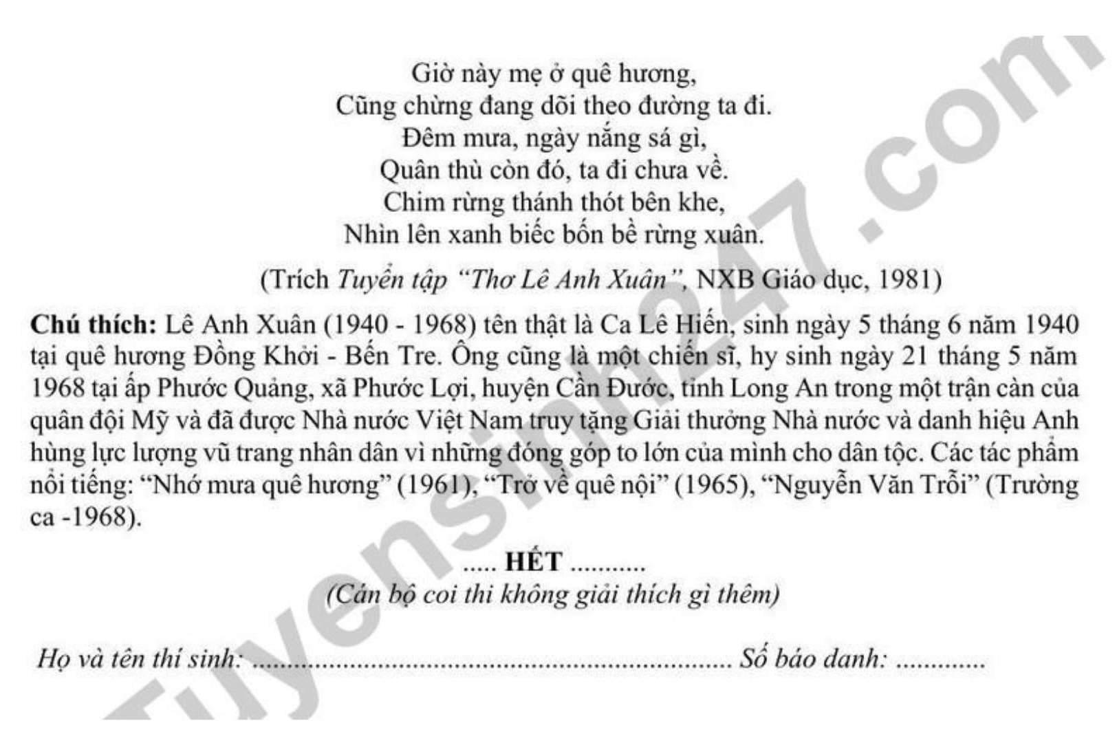 Đề thi thử môn Ngữ Văn vào lớp 10 năm 2026 Trường THCS Tào Xuyên. Ảnh: Tuyensinh247  