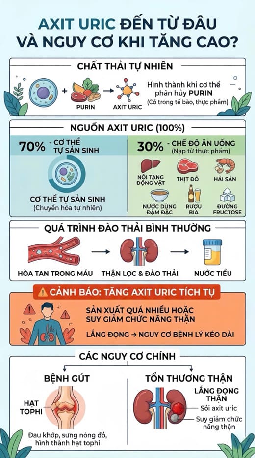 Infographic trình bày nguồn gốc của axit uric và nguyên nhân khiến axit uric tăng cao. Đồ họa: Trà My