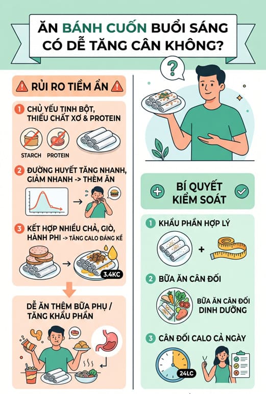 Infographic: Phân tích nguy cơ tăng cân đến từ việc ăn bánh cuốn buổi sáng và bí quyết kiểm soát hợp lý. Đồ họa: Trà My